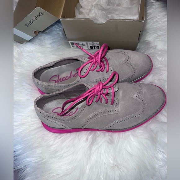 Skechers Women Groove Lite Taupe Pink Leather Suede Wing Tip Oxford Shoes Sz 10 - Picture 4 of 7